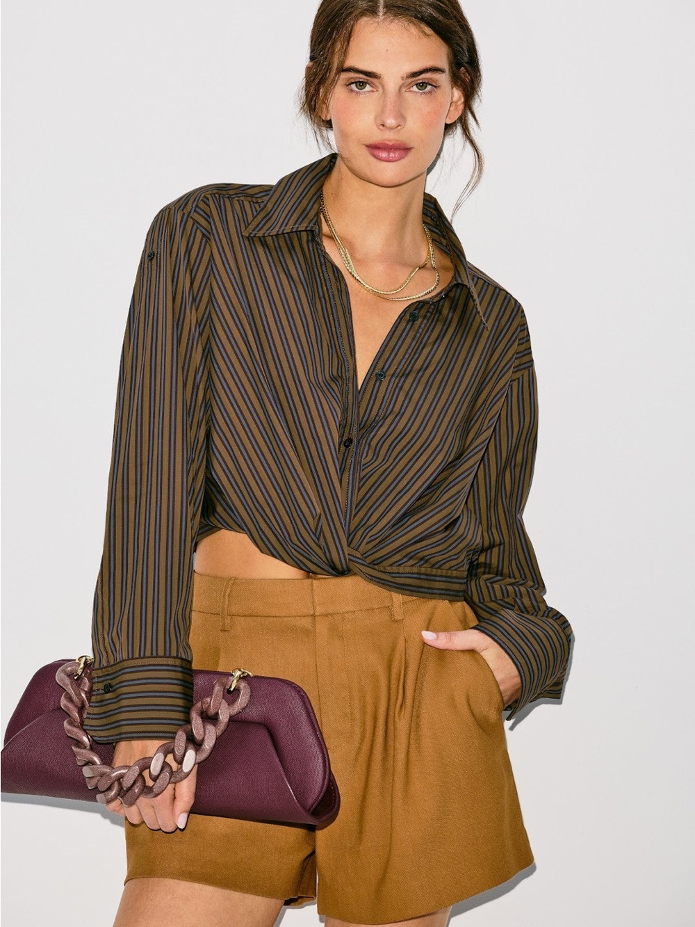 A.L.C. Olive and Black Striped Twist-Front Button-Down Shirt